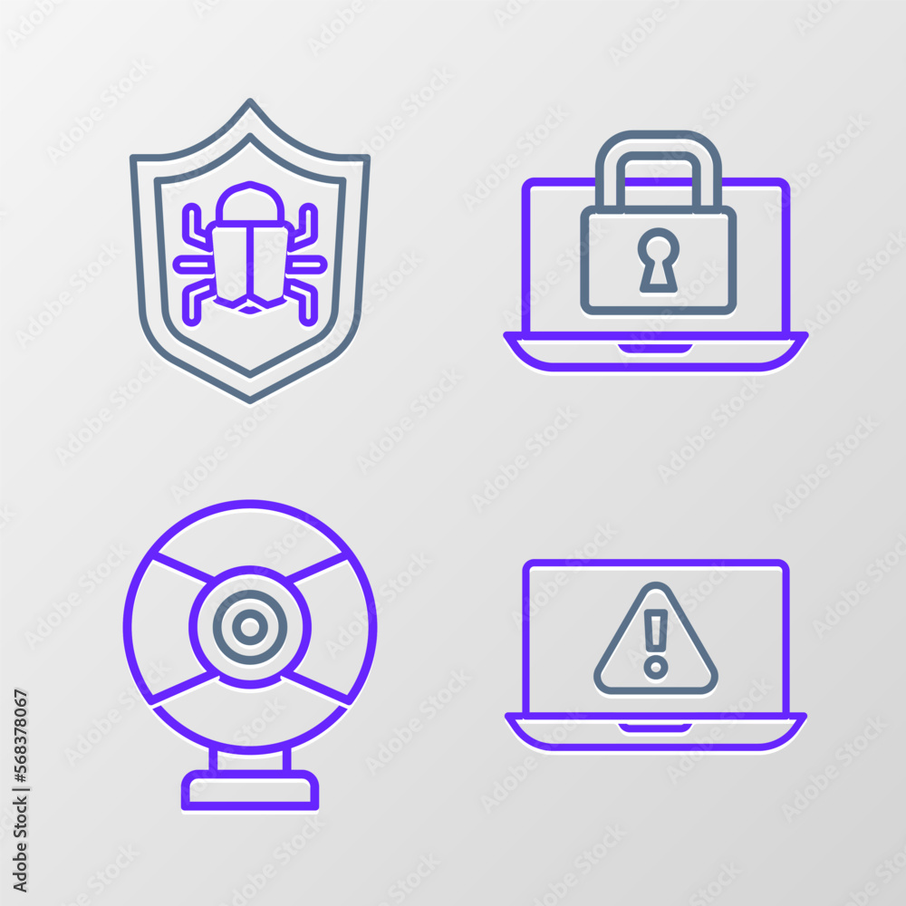 Poster set line laptop with exclamation mark, security camera, and lock and system bug icon. vector