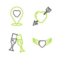 Set line Heart with wings, Glass of champagne, Amour heart and arrow and Location icon. Vector