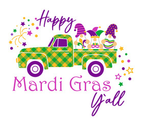 Mardi Gras Gnomes with farm truck, fleur de lis and beads © Katsiaryna