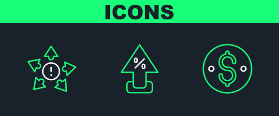 Fototapeta na wymiar Set line Dollar symbol, Many ways directional arrow and Percent up icon. Vector