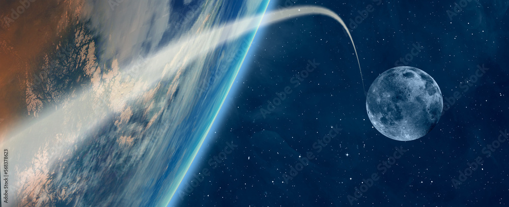 Poster long exposure night time rocket launch - the moon as seen from the surface of the earth 