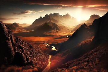 Dramatic sunset over remote mountain range casting long shadows across landscape, concept of Vastness and Solitude, created with Generative AI technology