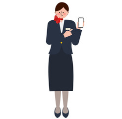 女性の客室乗務員がスマートフォンを指差しているイラスト