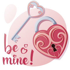 Greeting card for Valentine s day. Banner with heart shaped lock and key. Be mine. Romance, congratulations, recognition.