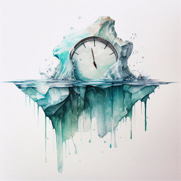 Watercolour clock in melting blue green iceberg time is running out for the climate concept generative ai