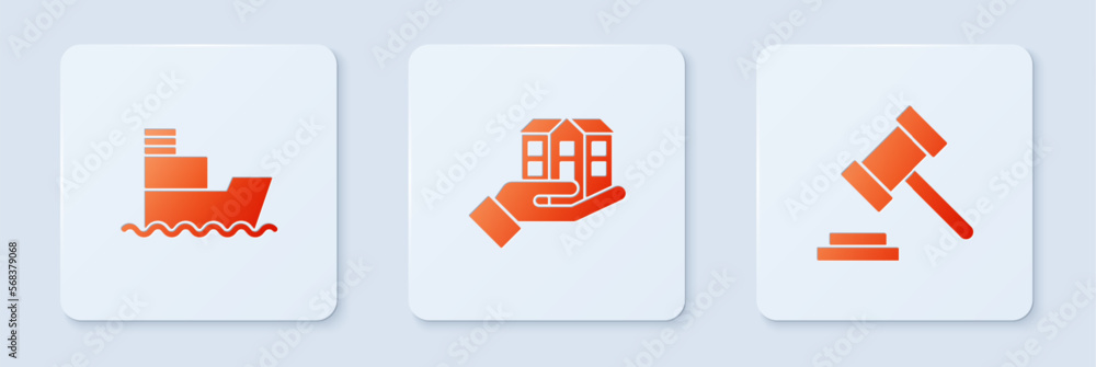 Poster set house in hand, ship and judge gavel. white square button. vector