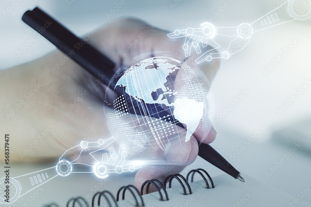 Aufkleber double exposure of robotics technology with world map hologram and man hand writing in notebook on b
