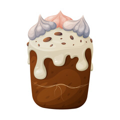 Traditional easter cake decorated with white glaze, meringue and chocolate. Isolated vector illustration, cartoon style. Sweet flour product for the holiday