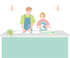 キッチンで後片付けをする二人