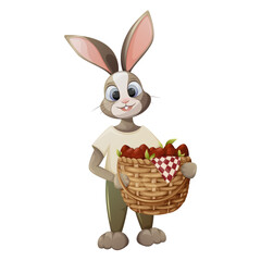 A funny bunny is holding a wicker basket with red Easter eggs. Vector illustration for the spring holiday. Wildlife, forest animals. Isolated background.