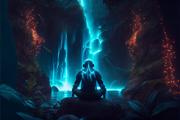 dreamy man meditating in mountains near the waterfall with emanating energy aura chakras in neon light, back view .silhouette of a person sitting on the mountain meditating near the waterfall in neon