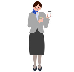 女性の客室乗務員がスマートフォンを指差しているイラスト(グレーの制服)