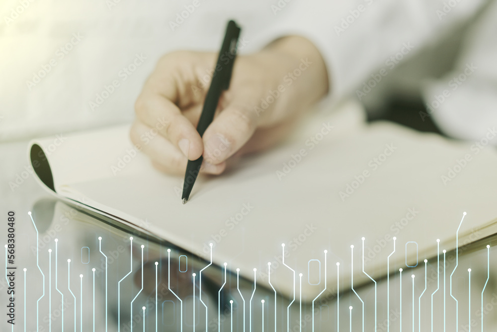 Poster double exposure of circuit hologram and man hand writing in notebook on background. research and dev