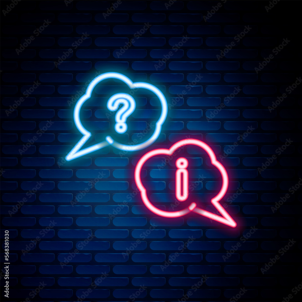 Poster glowing neon line speech bubbles with question and exclamation icon isolated on brick wall backgroun