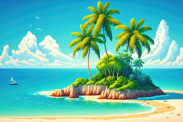Obraz na płótnie Canvas exotic island getaway, caribbean travel, maldives scenery, turquoise sea, ocean wave, yellow sand, green palms, and white clouds all combine to create a beautiful seascape. Generative AI