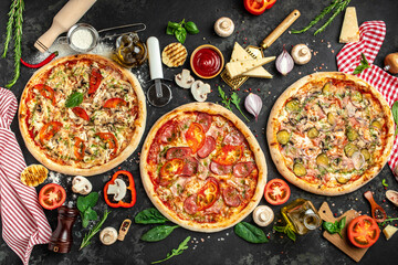 Set Pizza background. various kinds of Italian pizza. Restaurant menu, dieting, cookbook recipe top view