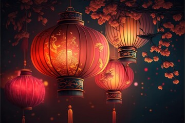 Beautiful Chinese red lantern decoration for the Chinese New Year Festival generative ai illustration 