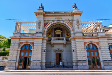 Street view of the Castle Garden Bazaar (Varkert Bazar) designed by Miklos Ybl, with pass byers on...
