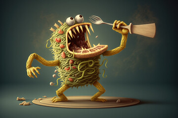An evil and scary funny macaroni monster comes out of the plate and shows his grin. Generative AI illustration.