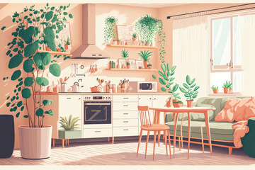 interior design spacious bright studio apartment in Scandinavian style and warm pastel white and beige colors. trendy furniture in the living area and modern details in the kitchen area. Generative AI
