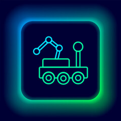 Glowing neon line Mars rover icon isolated on black background. Space rover. Moonwalker sign. Apparatus for studying planets surface. Colorful outline concept. Vector