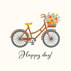 Happy Day vector card. Bicycle with a beautiful bouquet of flowers. Life is colorful postcard. Isolated romantic illustration on light background. Hand drawing print design.