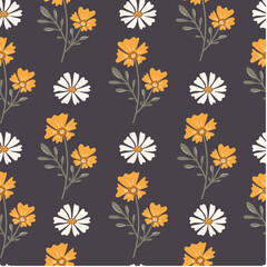 Floral seamless pattern. Blooming meadow background. Creative floral design. Flowers on a dark background. Vector pattern for various surface. Creative seamless print.