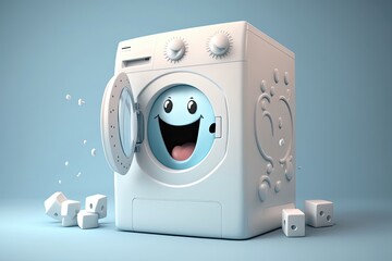 Cute 3D cartoon of washing machine character. Generative AI - obrazy, fototapety, plakaty