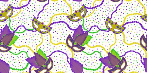 Mardi Gras seamless pattern. Masquerade mask and beads symbols of Mardi Gras. Flat style vector illustration for background and packaging, banner and fabric.