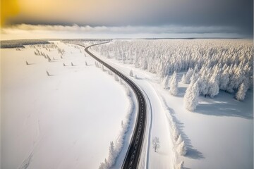 Fototapeta na wymiar ariel view drone high altitude wide shot of a road in the middle of the icy snow landscape generative ai