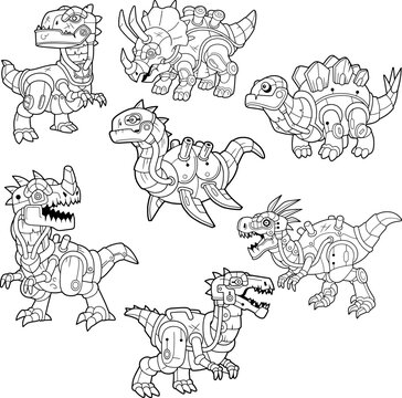 cartoon funny robot dinosaurs, set of images