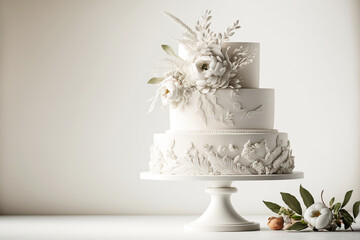 White vintage wedding cake decorated with flowers on a white background. Generative AI