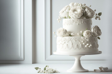 White wedding cake decorated with flowers on a white classic wall. Generative AI