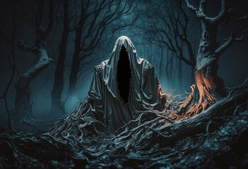 A Chilling AI-Generated Render of a Supernatural Forest Haunting: A Menacing Apparition of Ghouls, Werewolves, Vampires, Witches, Zombies, Banshees, Demons, and Monsters - obrazy, fototapety, plakaty