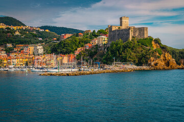 Lerici cityscape with harbor and castle on the cliffs, Liguria
