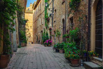 Fototapeta na wymiar Old stone houses decorated with flowers and green plants, Italy