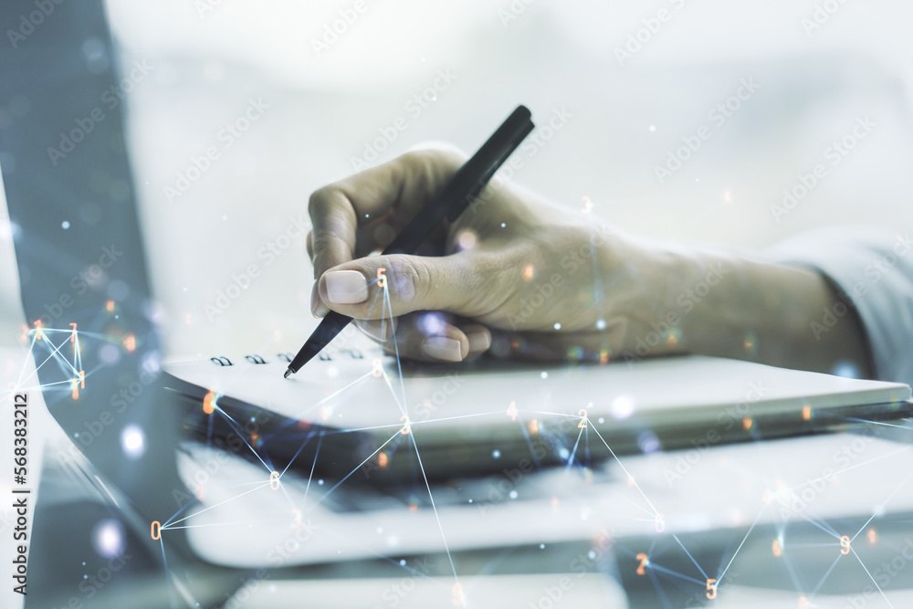 Aufkleber creative abstract technology sketch and hand writing in notepad on background with laptop, future te