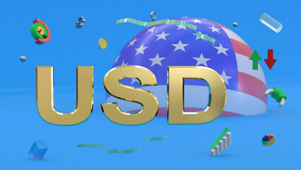 Gilded letters USD against the background of a fragment of the flag of USA, abstract multi-colored shapes, arrows, currency symbols and charts. 3D rendering. Finance, forex concept