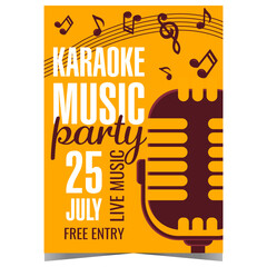 Karaoke music party invitation poster. Vector design template for advertising of night disco club with live music and karaoke. Promo banner or flyer with musical notes and microphone on background.