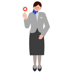 女性の客室乗務員が◯の札を上げているイラスト(グレーの制服）