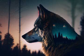 Doppelbelichtung von einem Wolf und seinen natürlichen lebensraum den Wald isoliert auf weißen Hintergrund mit Mond mit Platzhalter - Generative Ai