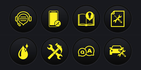 Set Clean water drop, File document service, Crossed hammer and wrench, Question Answer, Interesting facts, Mobile, Car and Headphones with speech bubble chat icon. Vector