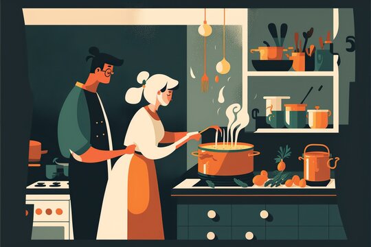 Young couple stirring pot of soup or stew on the stove, concept of Cooking and Family, created with Generative AI technology