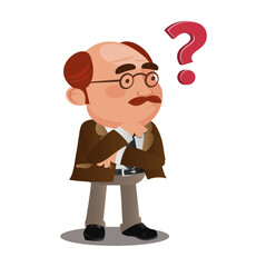 Question mark and manager. Pensive Business people. Businessman thinking