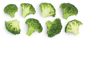 fresh broccoli isolated on white background close-up with full depth of field. Top view with copy space for your text. Flat lay