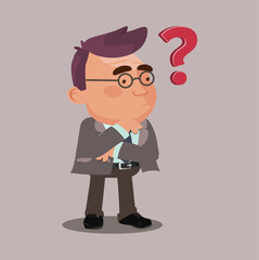 Question mark and manager. Pensive Business people. Businessman thinking