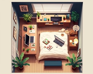 cartoon illustration, top view of bedroom interior with desk and laptop, ai generative