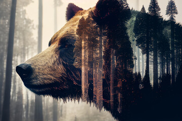 Doppelbelichtung von einem Bär und seinen lebensraum den Wald isoliert auf weißen Hintergrund mit Platzhalter - Generative Ai