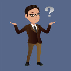 Question mark and manager. Pensive Business people. Businessman thinking