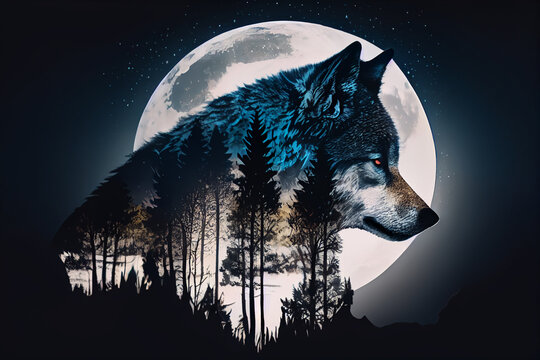 Doppelbelichtung von einem Wolf und seinen nat&uuml;rlichen lebensraum den Wald isoliert auf wei&szlig;en Hintergrund mit Mond mit Platzhalter - Generative Ai